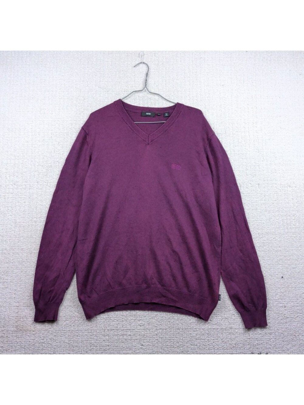 Hugo Boss Sweater Men L Burgundy / Purple Pullover V-Neck Wool Blend Academia